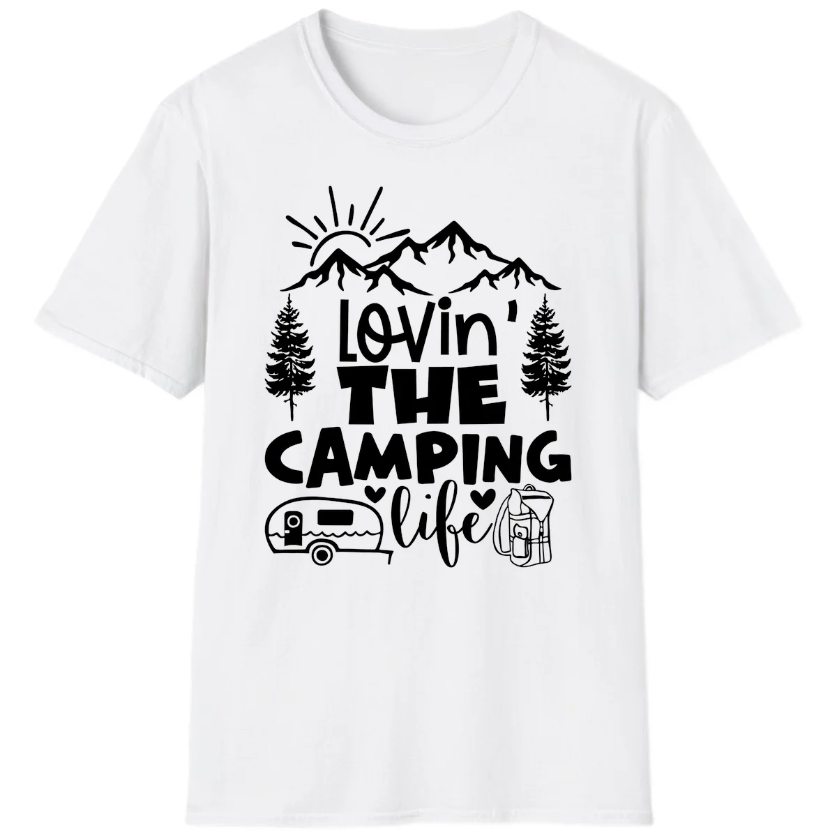 Lovin camping life design with mountains, sun, trees, RV and backpack on gray background in White