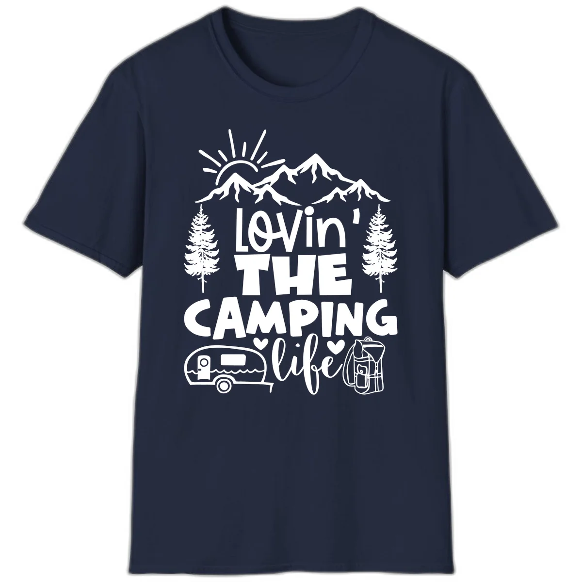 Lovin camping life design with mountains, sun, trees, RV and backpack on gray background in Navy
