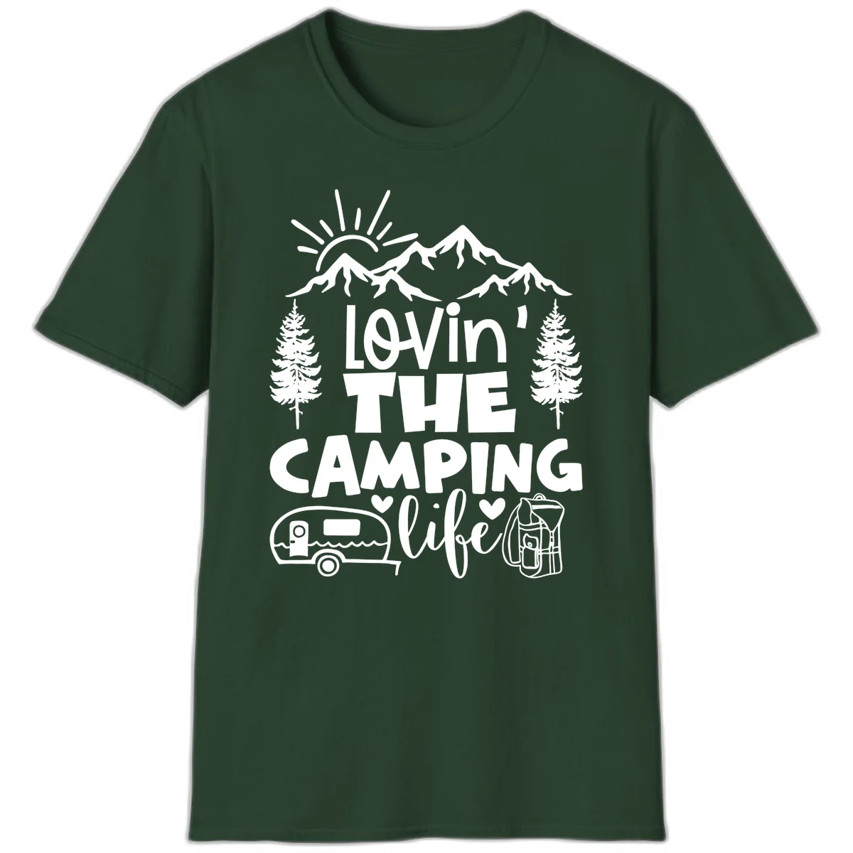 Lovin camping life design with mountains, sun, trees, RV and backpack on gray background in Forest Green
