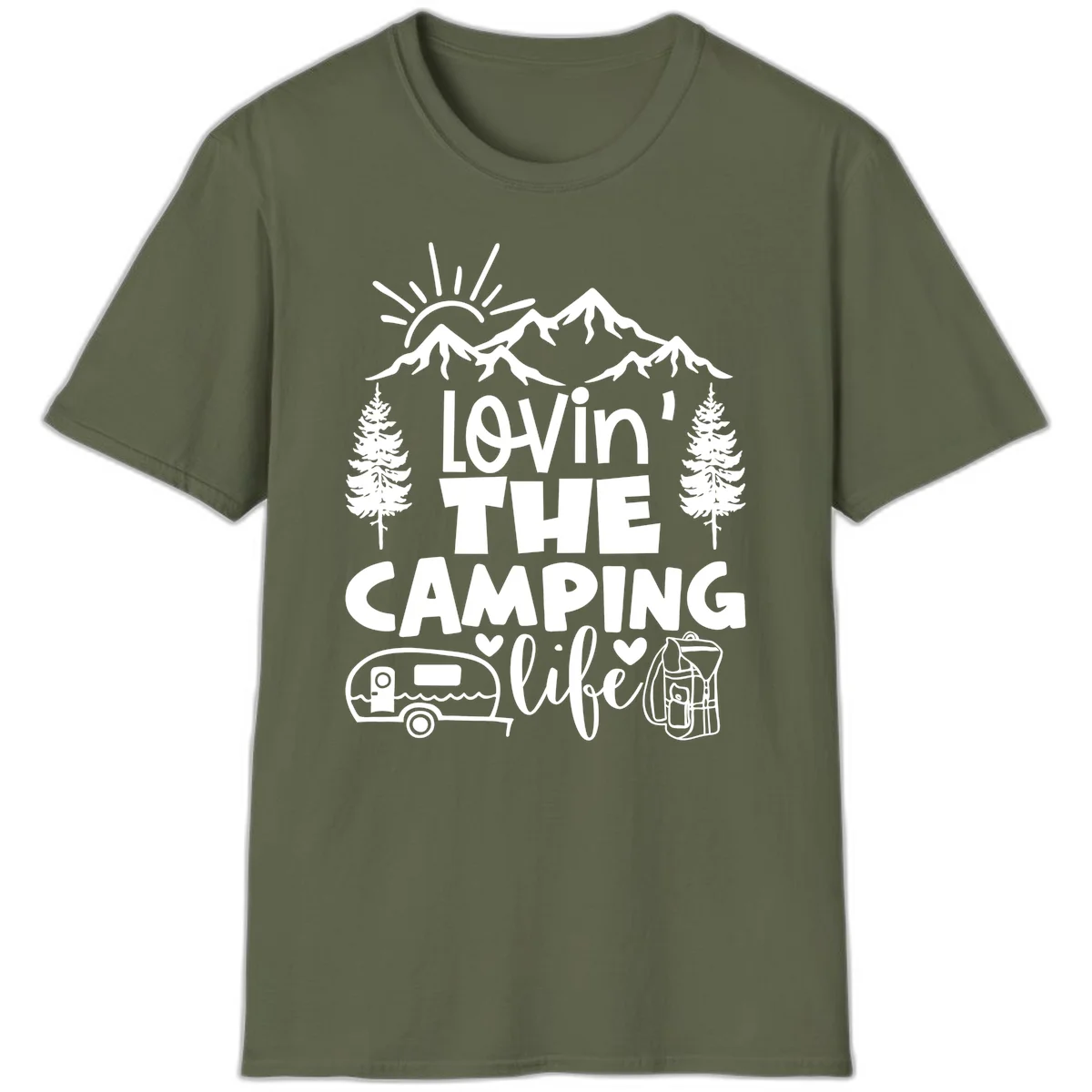 Lovin camping life design with mountains, sun, trees, RV and backpack on gray background in Military Green