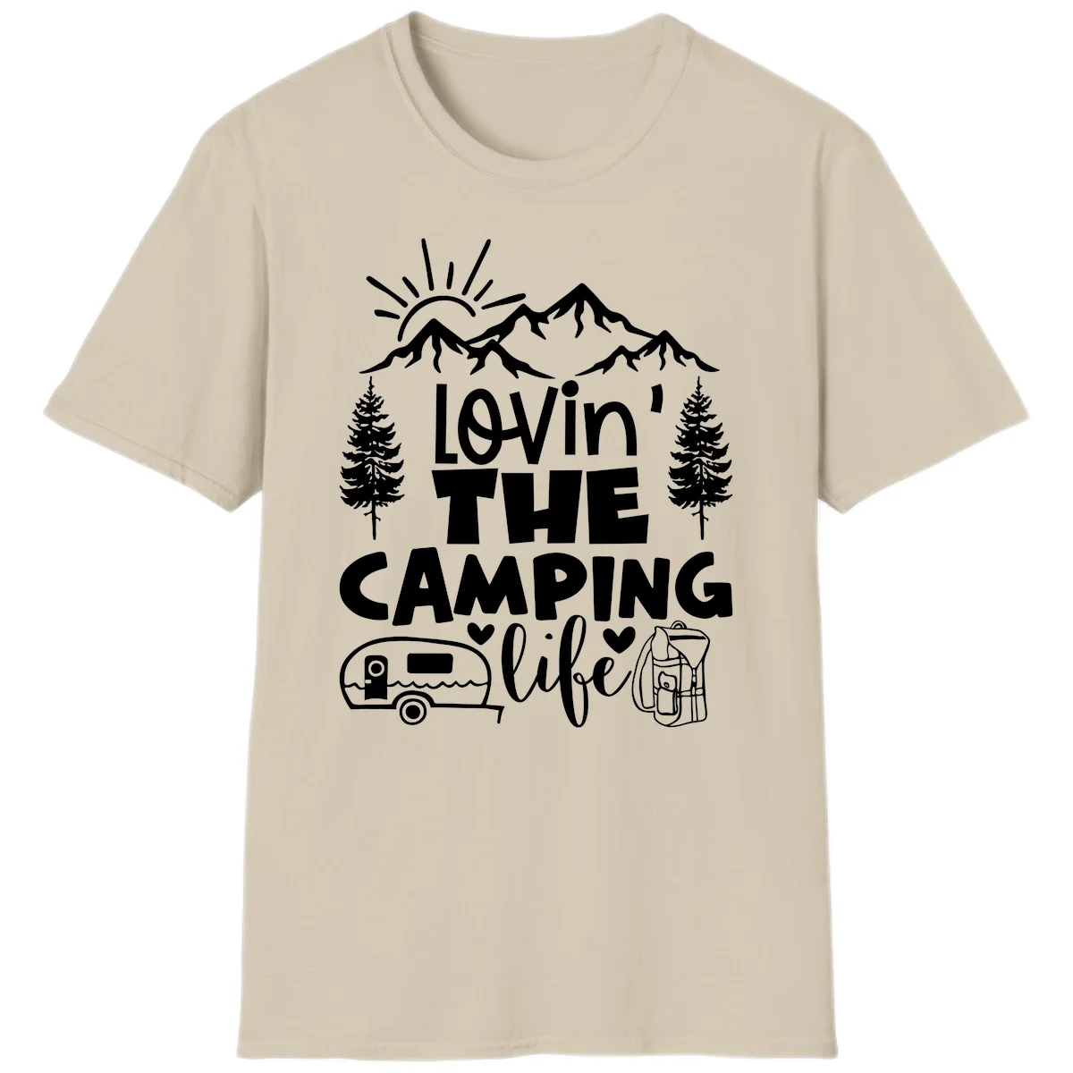 Lovin camping life design with mountains, sun, trees, RV and backpack on gray background in Sand