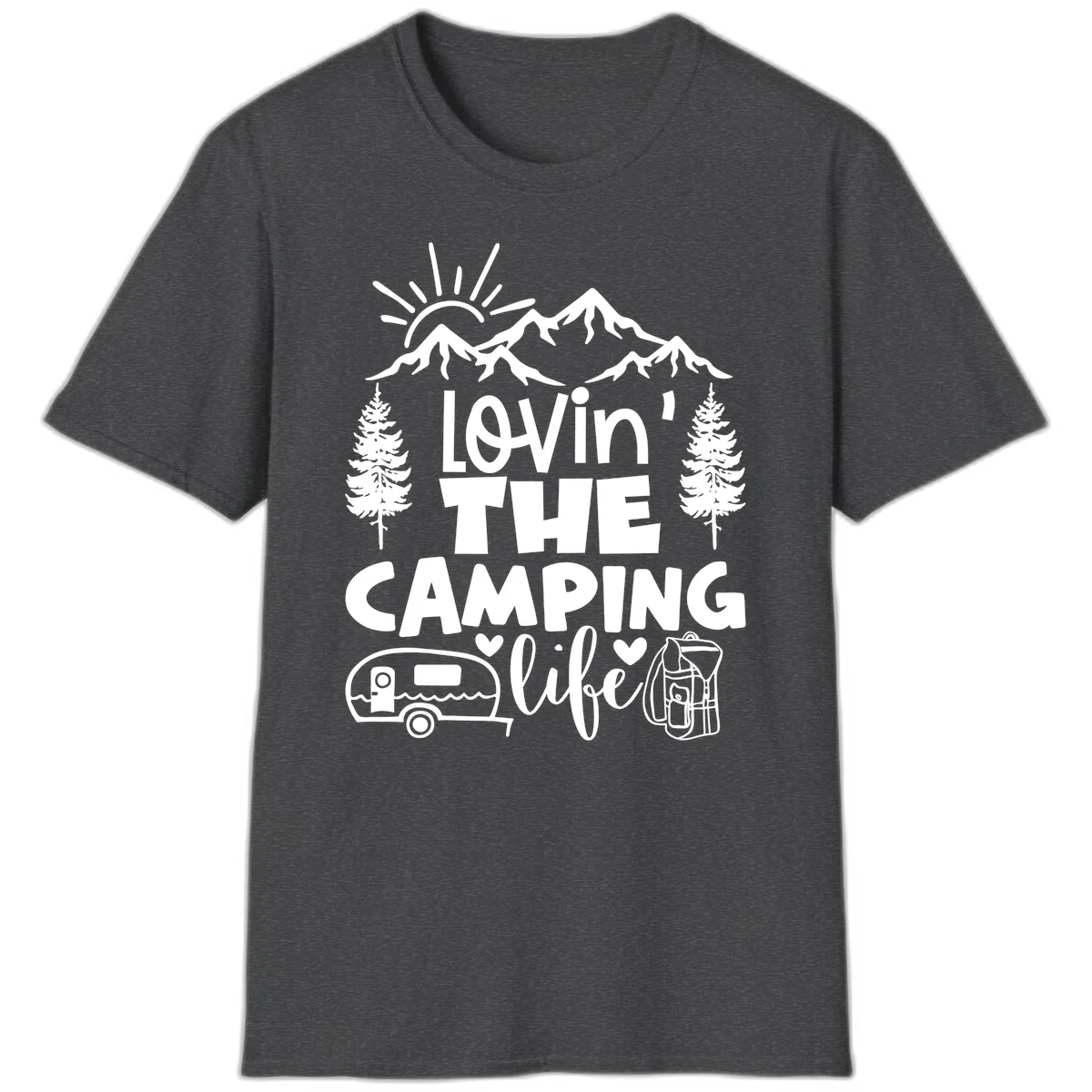 Lovin camping life design with mountains, sun, trees, RV and backpack on gray background in Dark Heather