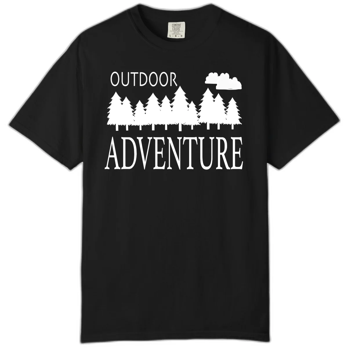 White silhouette of evergreen forest with cloud and bold text reading 'Outdoor Adventure' on gray background in Black