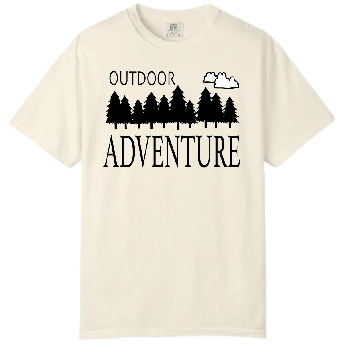 White silhouette of evergreen forest with cloud and bold text reading 'Outdoor Adventure' on gray background in Ivory