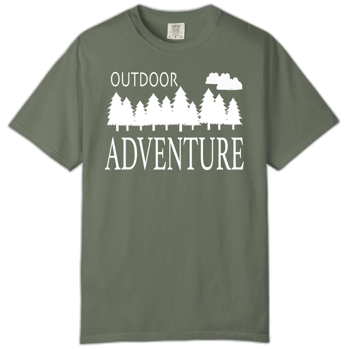 White silhouette of evergreen forest with cloud and bold text reading 'Outdoor Adventure' on gray background in Moss