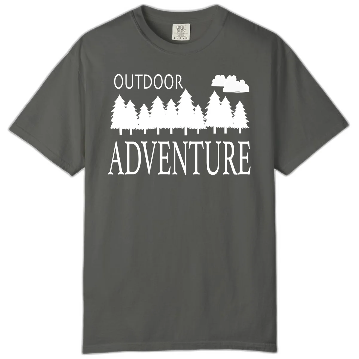 White silhouette of evergreen forest with cloud and bold text reading 'Outdoor Adventure' on gray background in Pepper