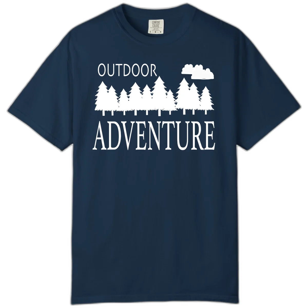 White silhouette of evergreen forest with cloud and bold text reading 'Outdoor Adventure' on gray background in True Navy