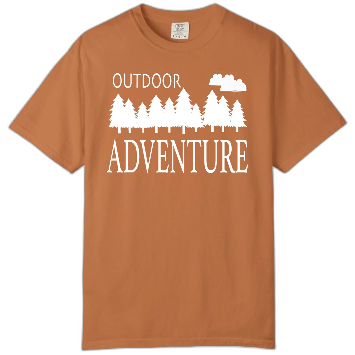 White silhouette of evergreen forest with cloud and bold text reading 'Outdoor Adventure' on gray background in Yam