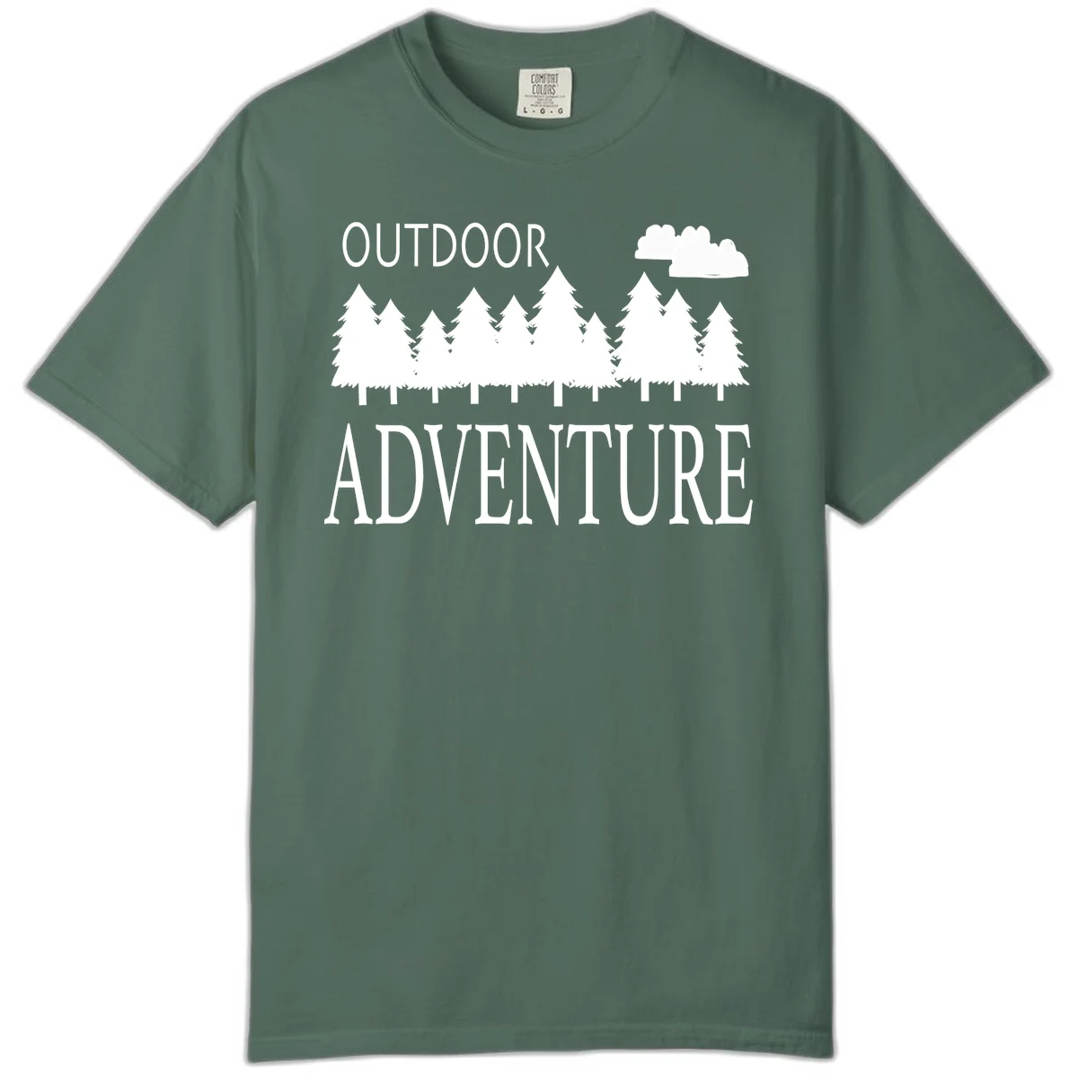 White silhouette of evergreen forest with cloud and bold text reading 'Outdoor Adventure' on gray background in Blue Spruce