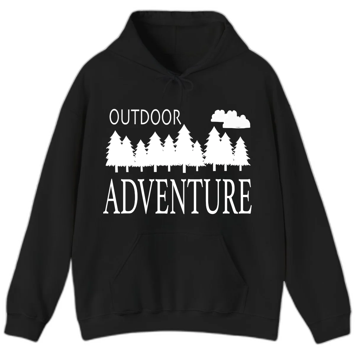 White silhouette of evergreen forest with cloud and bold text reading 'Outdoor Adventure' on gray background in Black