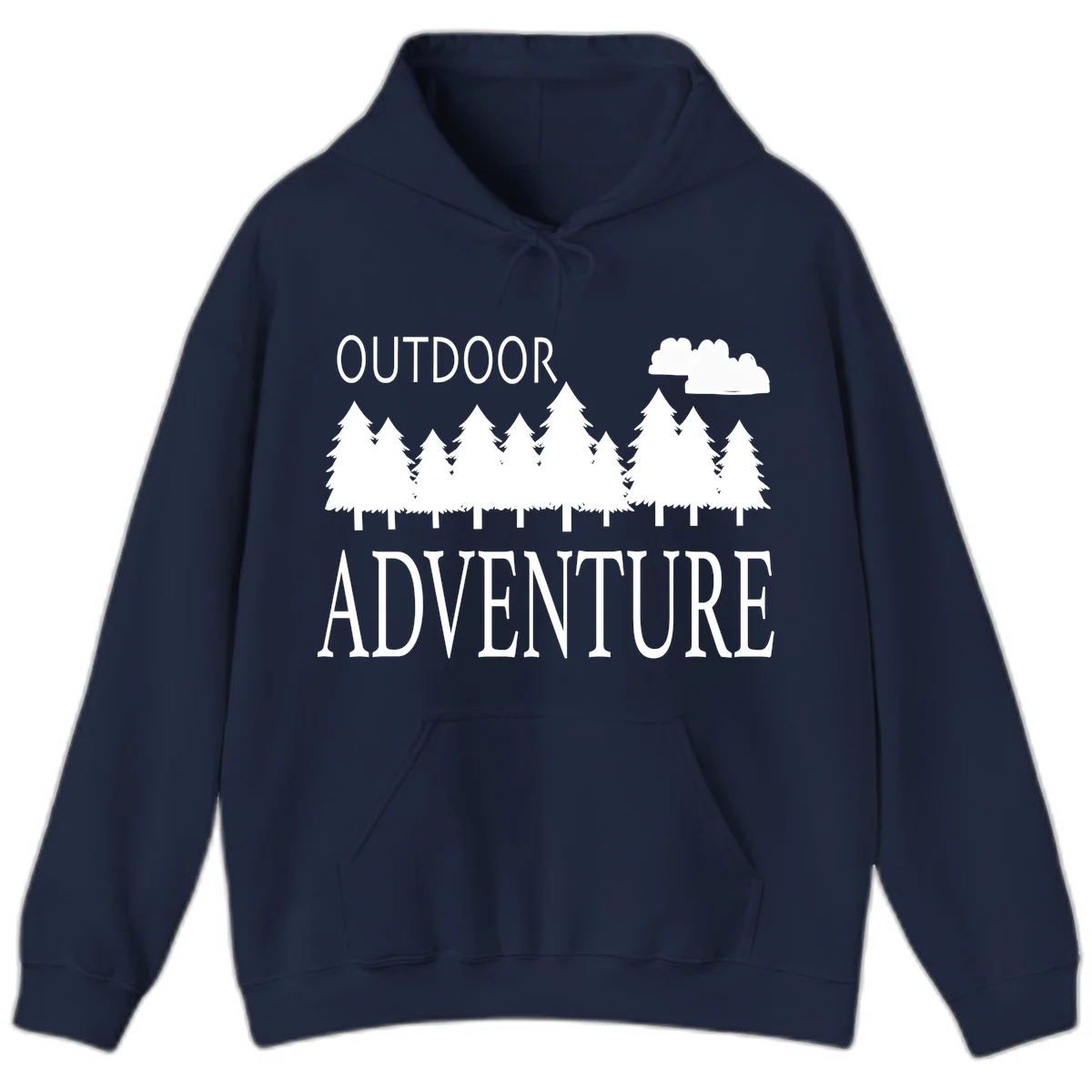 White silhouette of evergreen forest with cloud and bold text reading 'Outdoor Adventure' on gray background in Navy