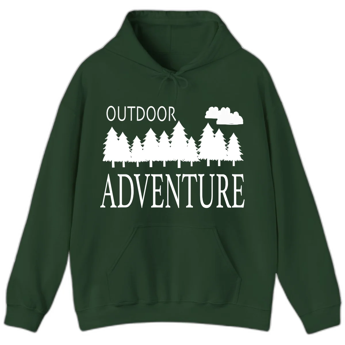 White silhouette of evergreen forest with cloud and bold text reading 'Outdoor Adventure' on gray background in Forest Green