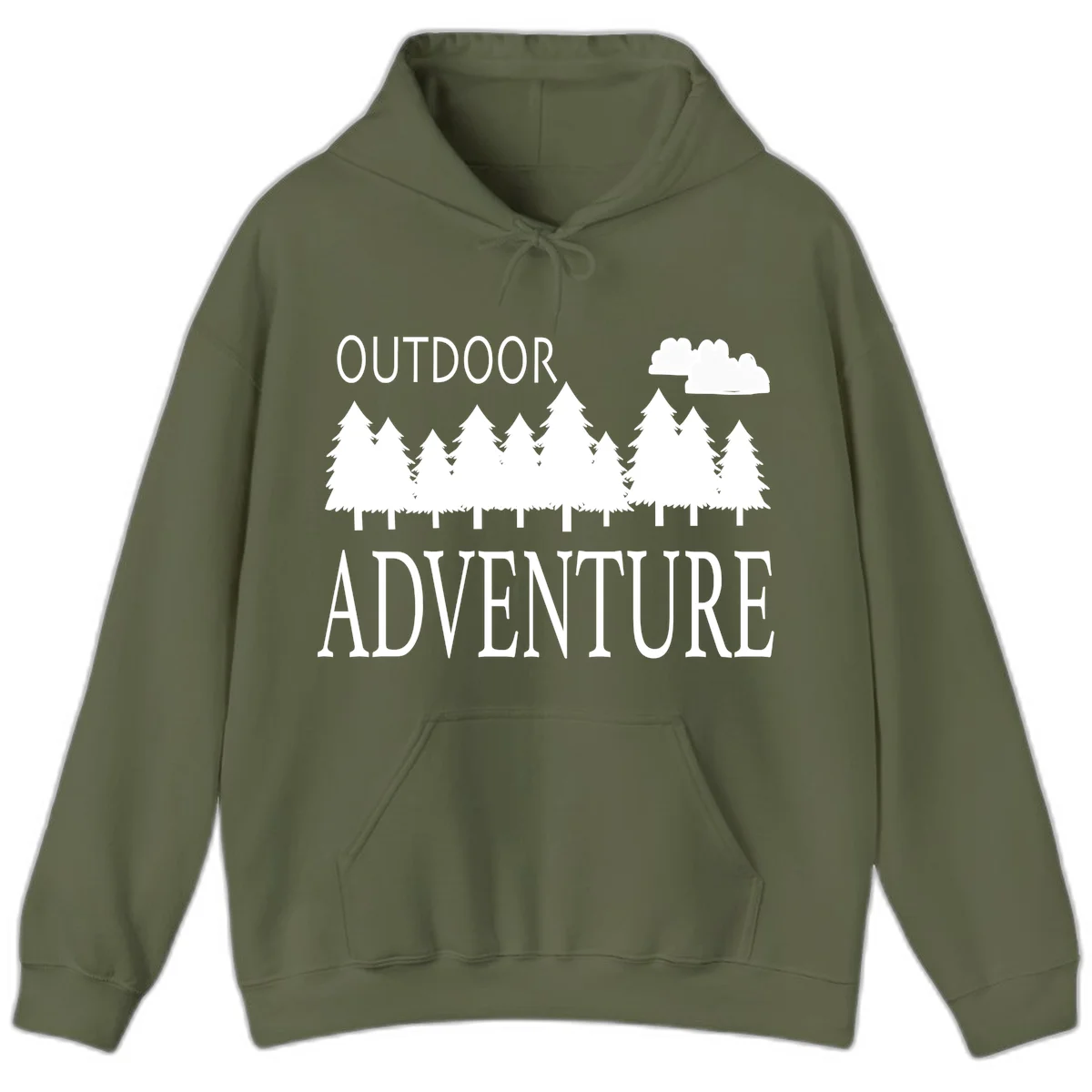 White silhouette of evergreen forest with cloud and bold text reading 'Outdoor Adventure' on gray background in Military Green