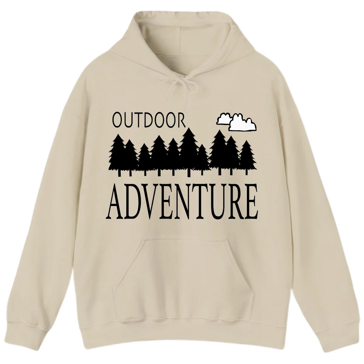 White silhouette of evergreen forest with cloud and bold text reading 'Outdoor Adventure' on gray background in Sand