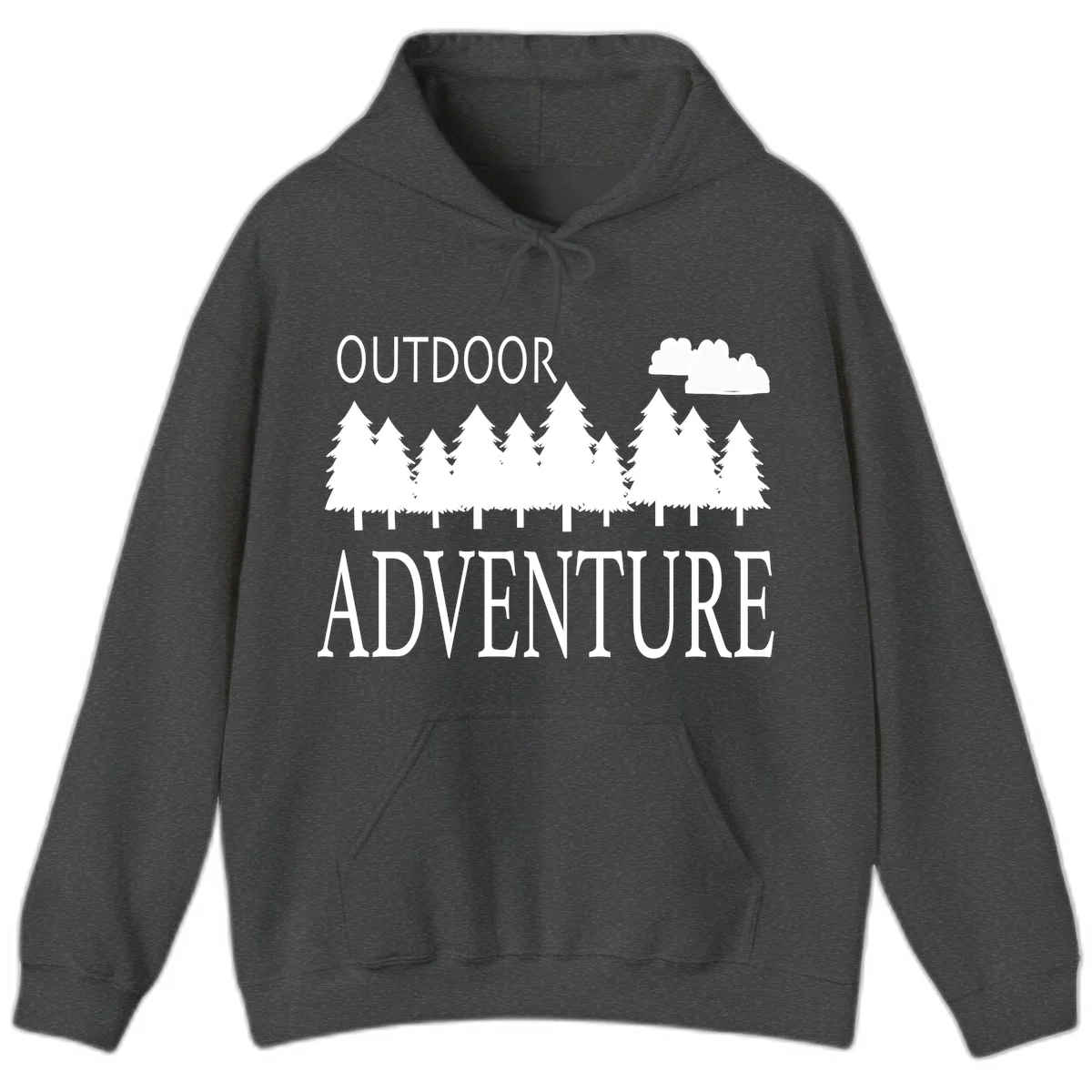 White silhouette of evergreen forest with cloud and bold text reading 'Outdoor Adventure' on gray background in Dark Heather