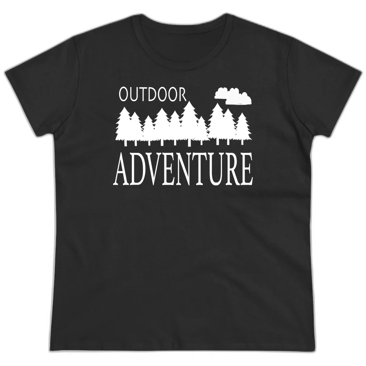 White silhouette of evergreen forest with cloud and bold text reading 'Outdoor Adventure' on gray background in Black
