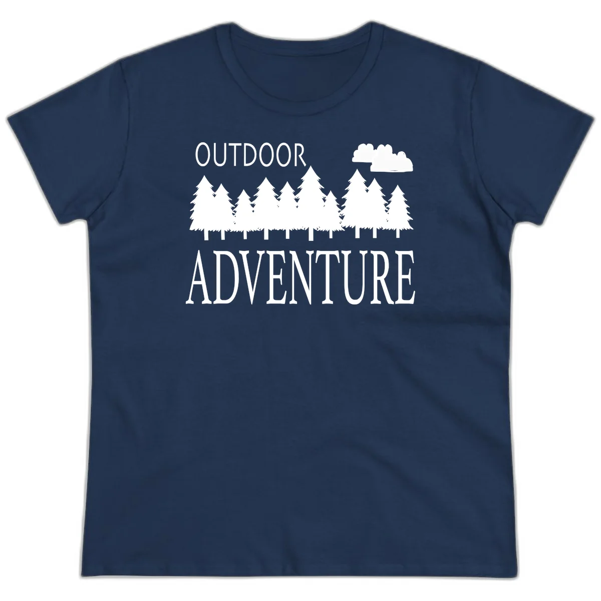 White silhouette of evergreen forest with cloud and bold text reading 'Outdoor Adventure' on gray background in Navy