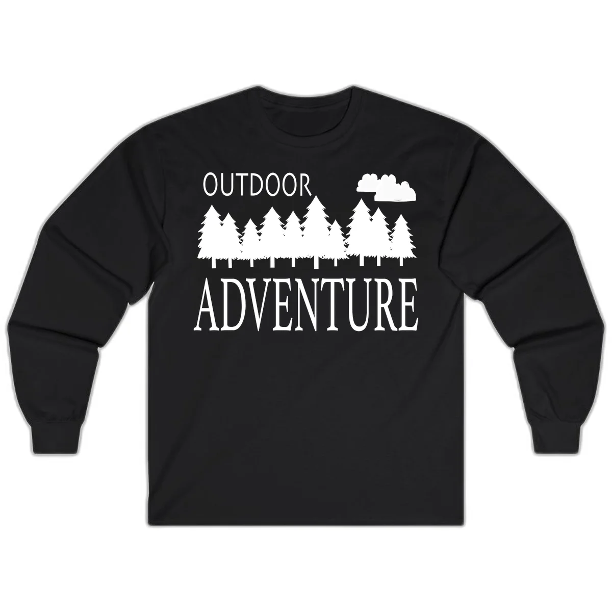 White silhouette of evergreen forest with cloud and bold text reading 'Outdoor Adventure' on gray background in Black