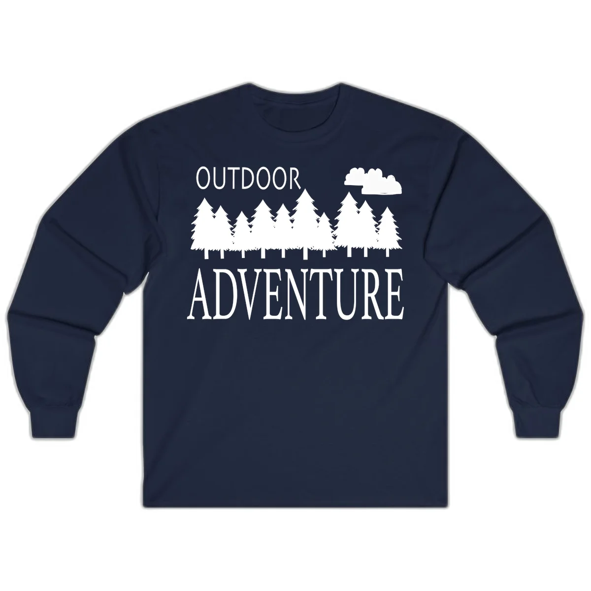 White silhouette of evergreen forest with cloud and bold text reading 'Outdoor Adventure' on gray background in Navy