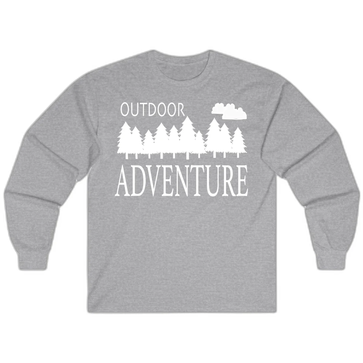 White silhouette of evergreen forest with cloud and bold text reading 'Outdoor Adventure' on gray background in Sport Grey