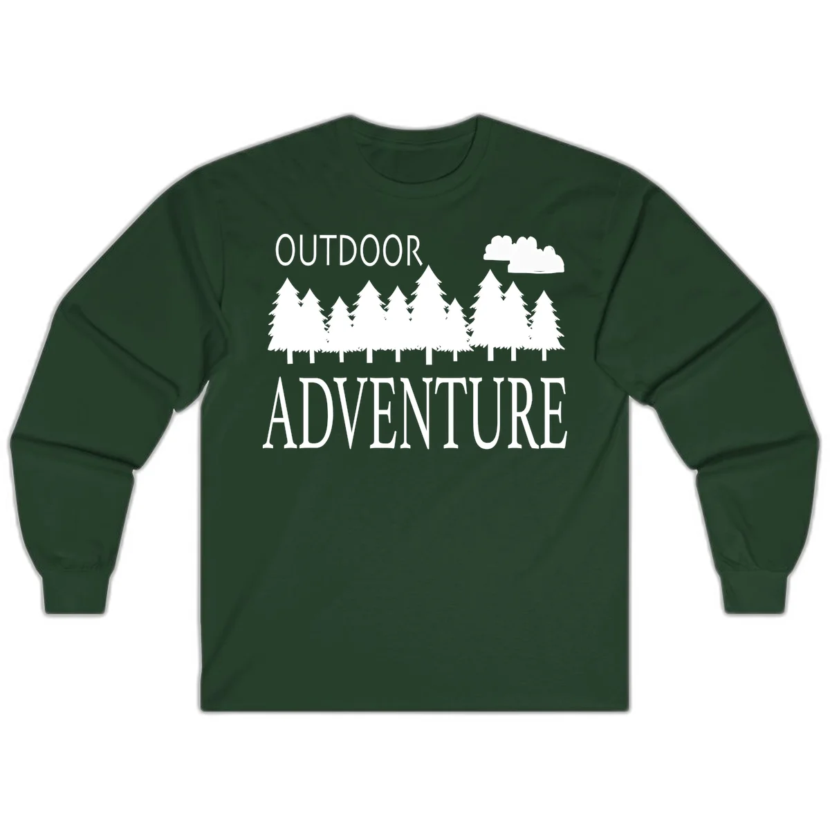 White silhouette of evergreen forest with cloud and bold text reading 'Outdoor Adventure' on gray background in Forest Green