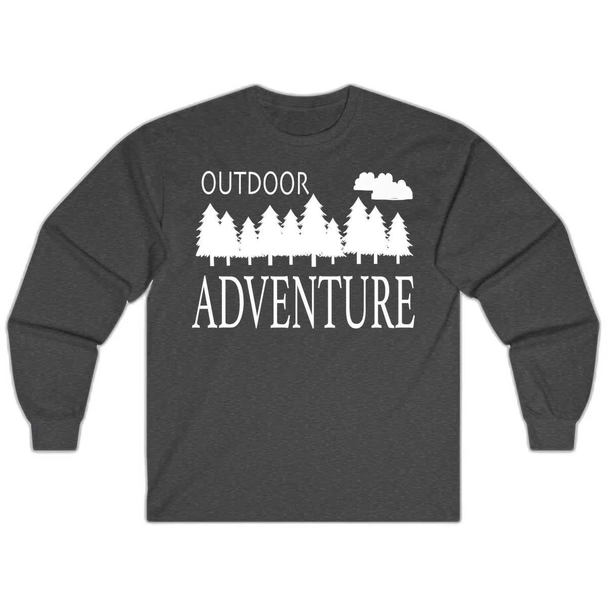 White silhouette of evergreen forest with cloud and bold text reading 'Outdoor Adventure' on gray background in Dark Heather