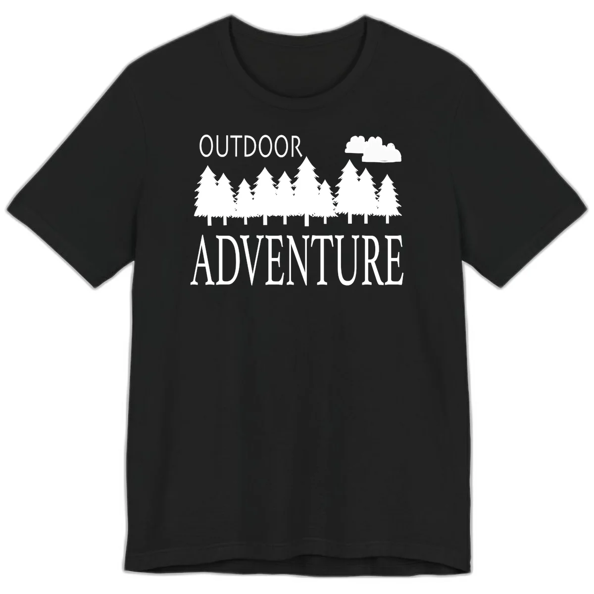 White silhouette of evergreen forest with cloud and bold text reading 'Outdoor Adventure' on gray background in Black