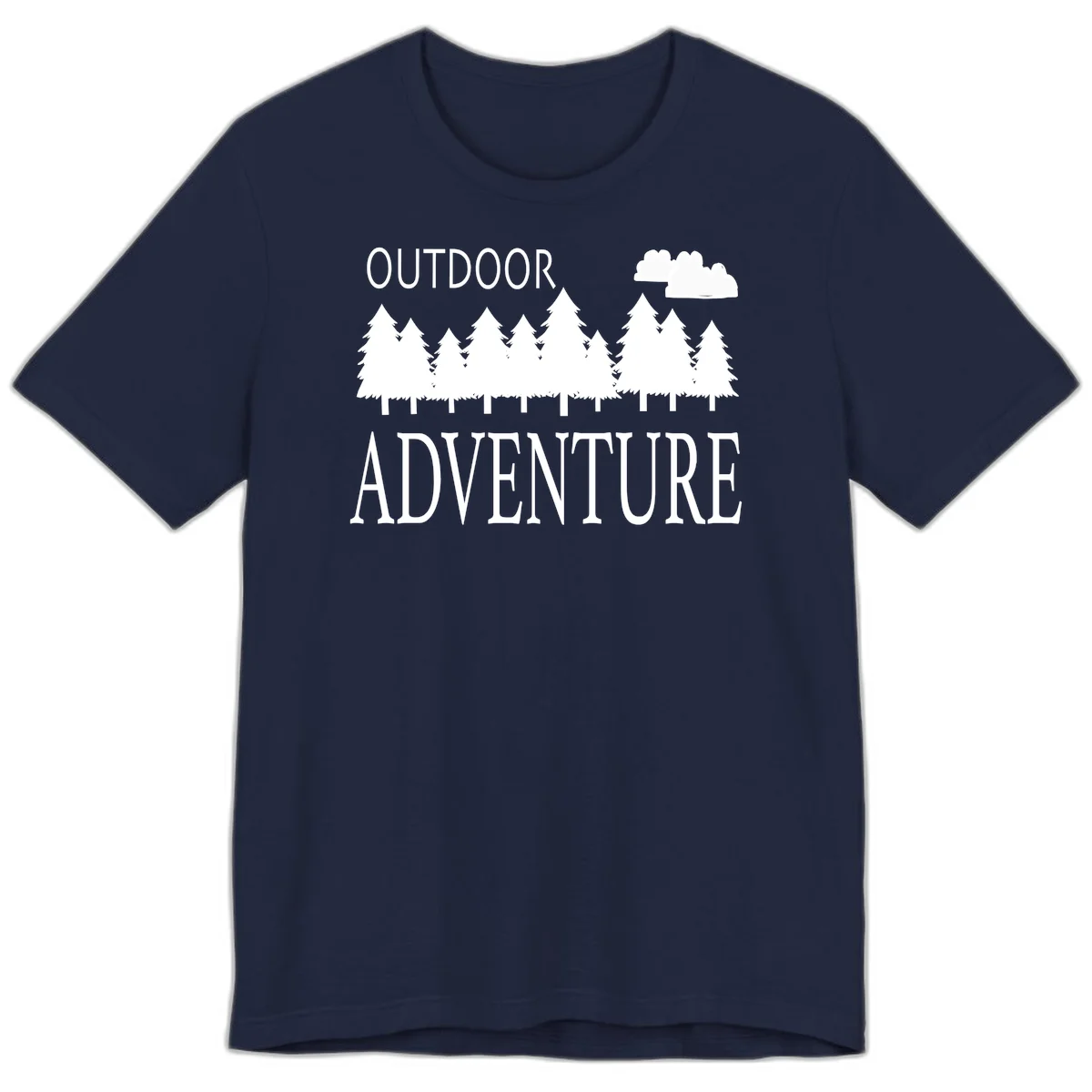 White silhouette of evergreen forest with cloud and bold text reading 'Outdoor Adventure' on gray background in Navy