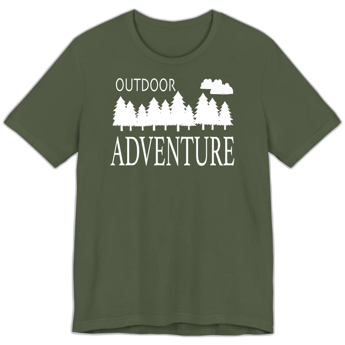 White silhouette of evergreen forest with cloud and bold text reading 'Outdoor Adventure' on gray background in Military Green