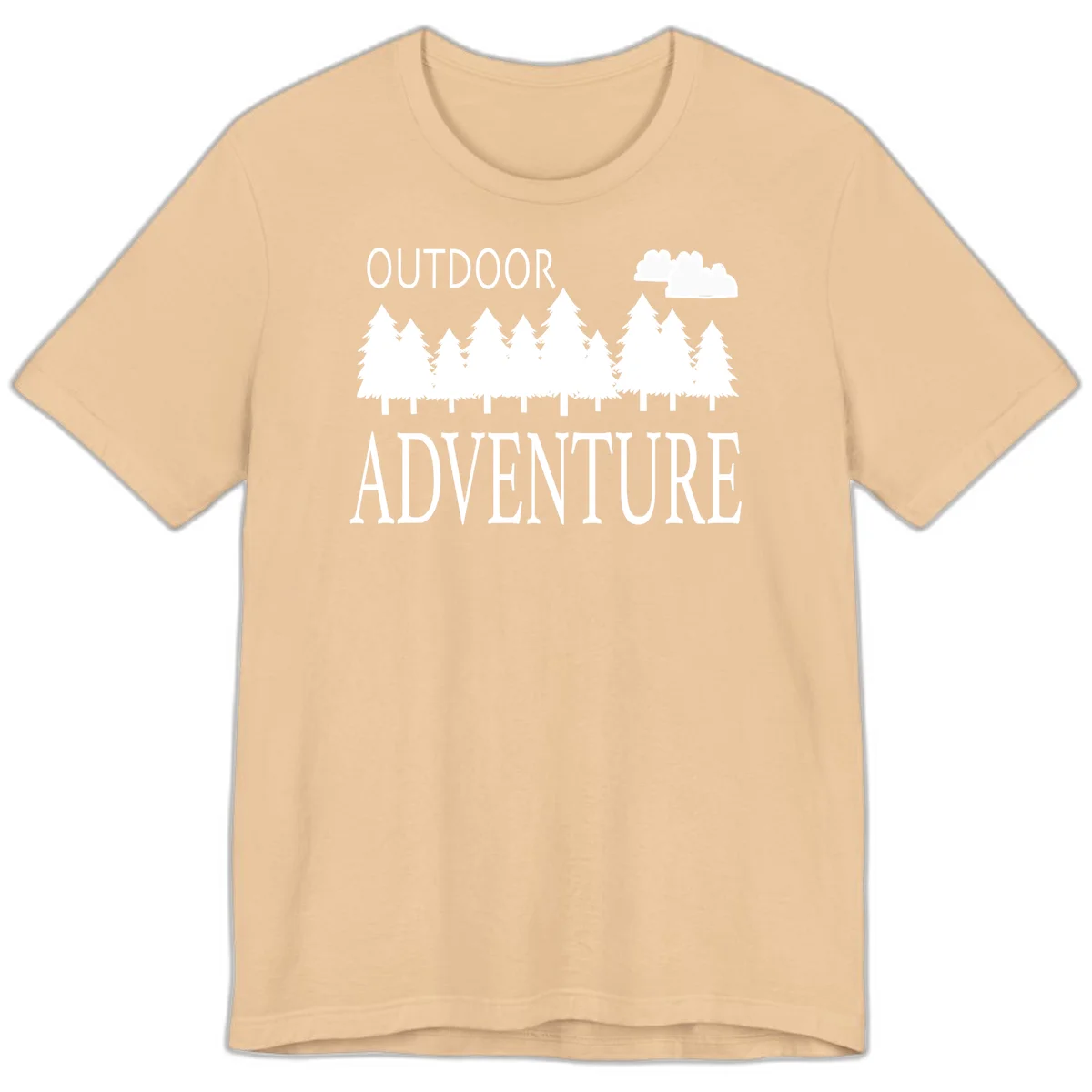 White silhouette of evergreen forest with cloud and bold text reading 'Outdoor Adventure' on gray background in Sand Dune