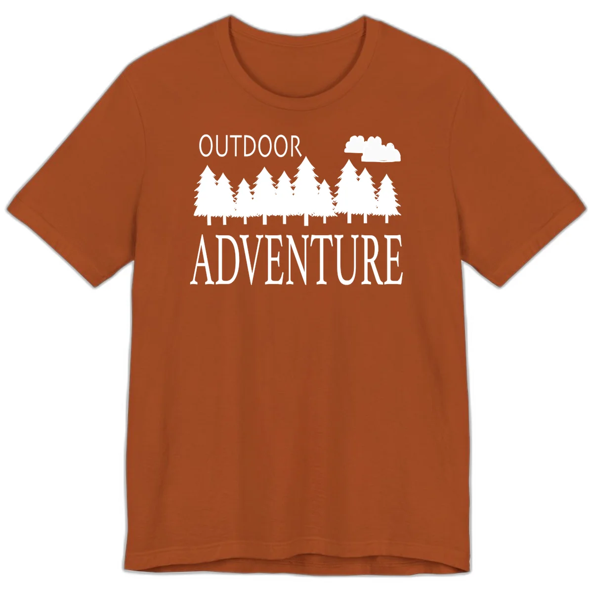 White silhouette of evergreen forest with cloud and bold text reading 'Outdoor Adventure' on gray background in Autumn