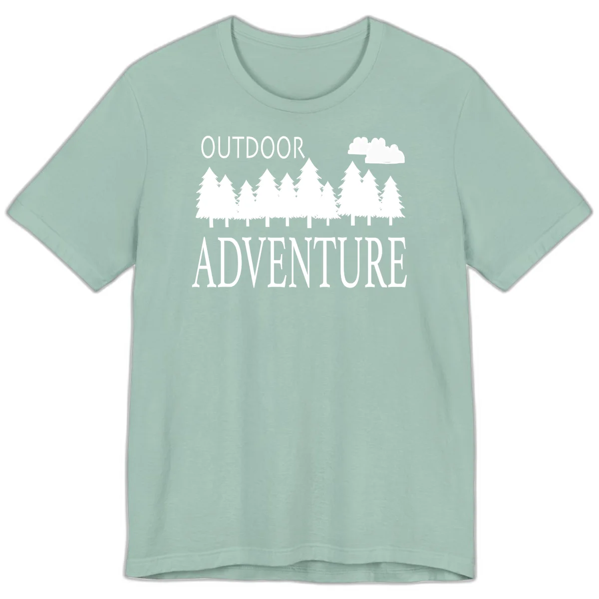 White silhouette of evergreen forest with cloud and bold text reading 'Outdoor Adventure' on gray background in Dusty Blue
