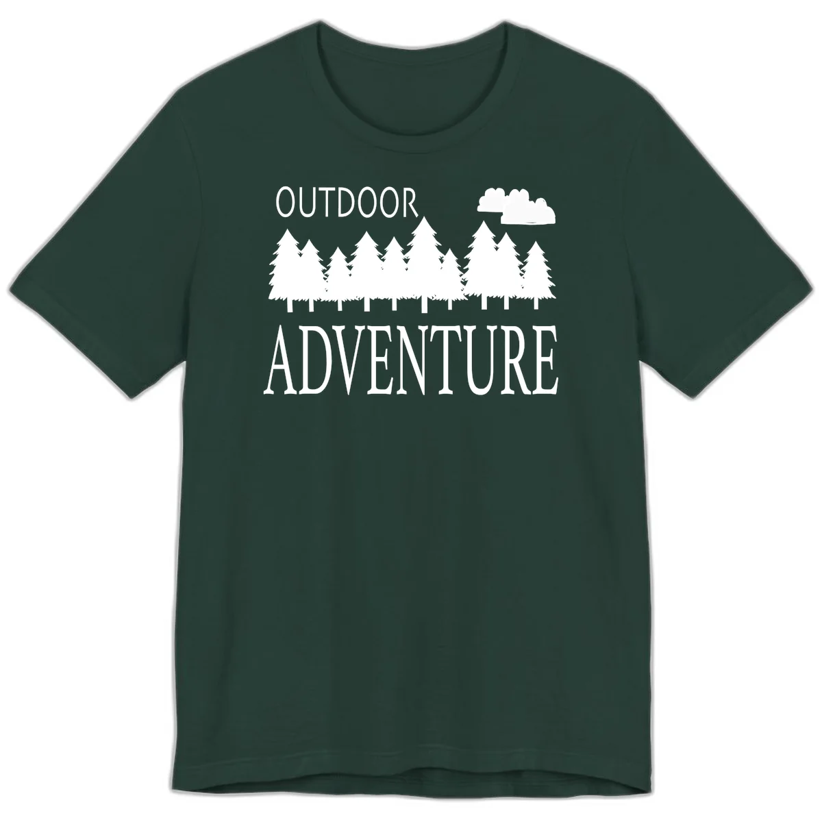 White silhouette of evergreen forest with cloud and bold text reading 'Outdoor Adventure' on gray background in Forest