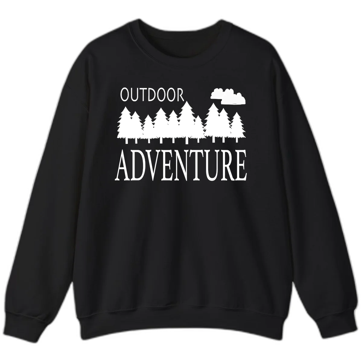 White silhouette of evergreen forest with cloud and bold text reading 'Outdoor Adventure' on gray background in Black