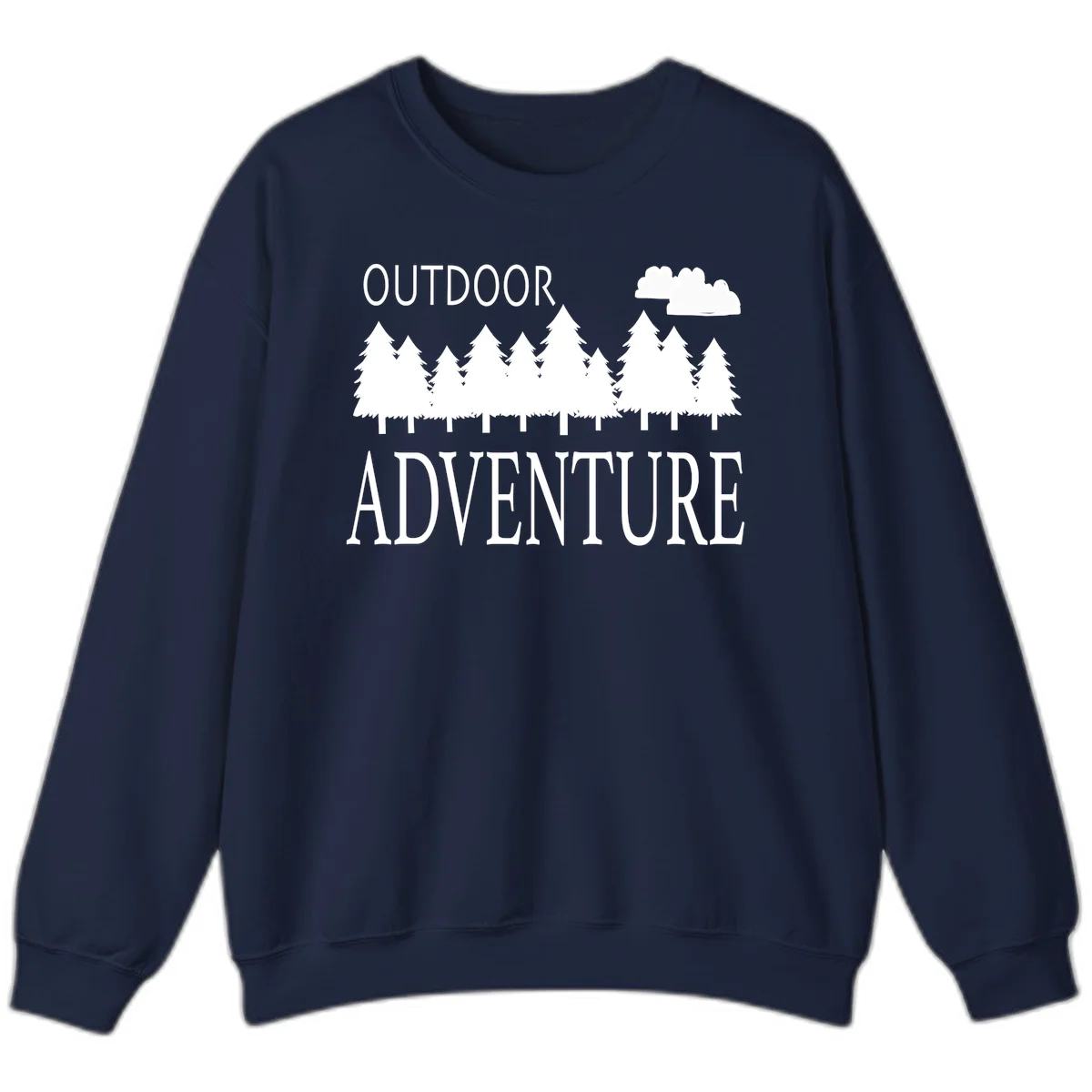 White silhouette of evergreen forest with cloud and bold text reading 'Outdoor Adventure' on gray background in Navy