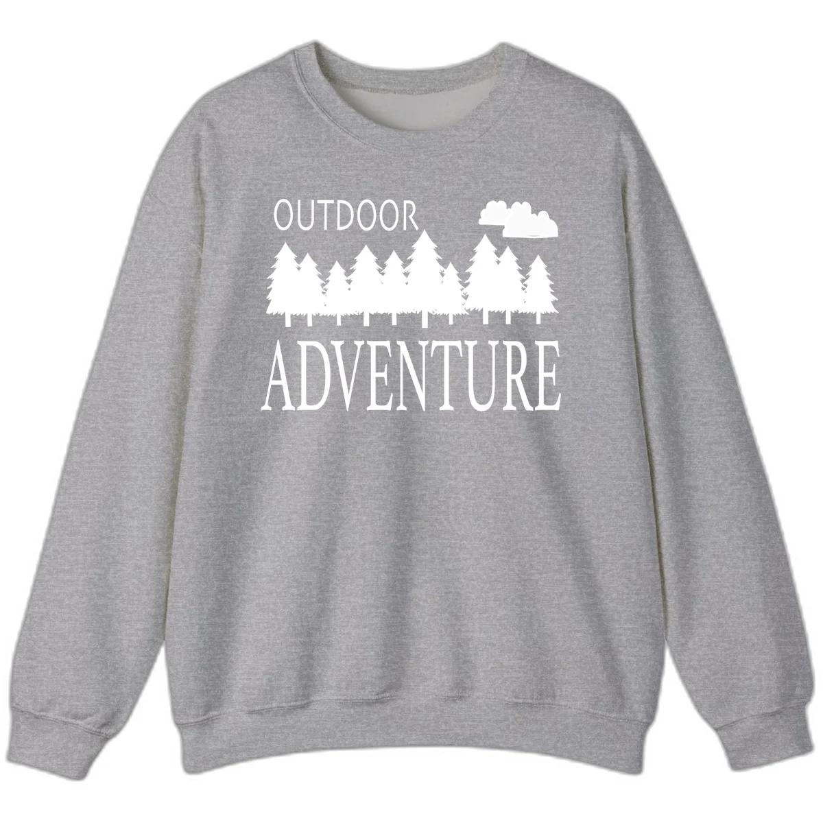 White silhouette of evergreen forest with cloud and bold text reading 'Outdoor Adventure' on gray background in Sport Grey