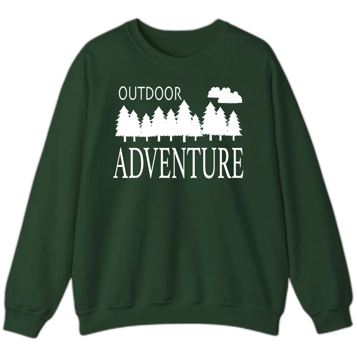 White silhouette of evergreen forest with cloud and bold text reading 'Outdoor Adventure' on gray background in Forest Green