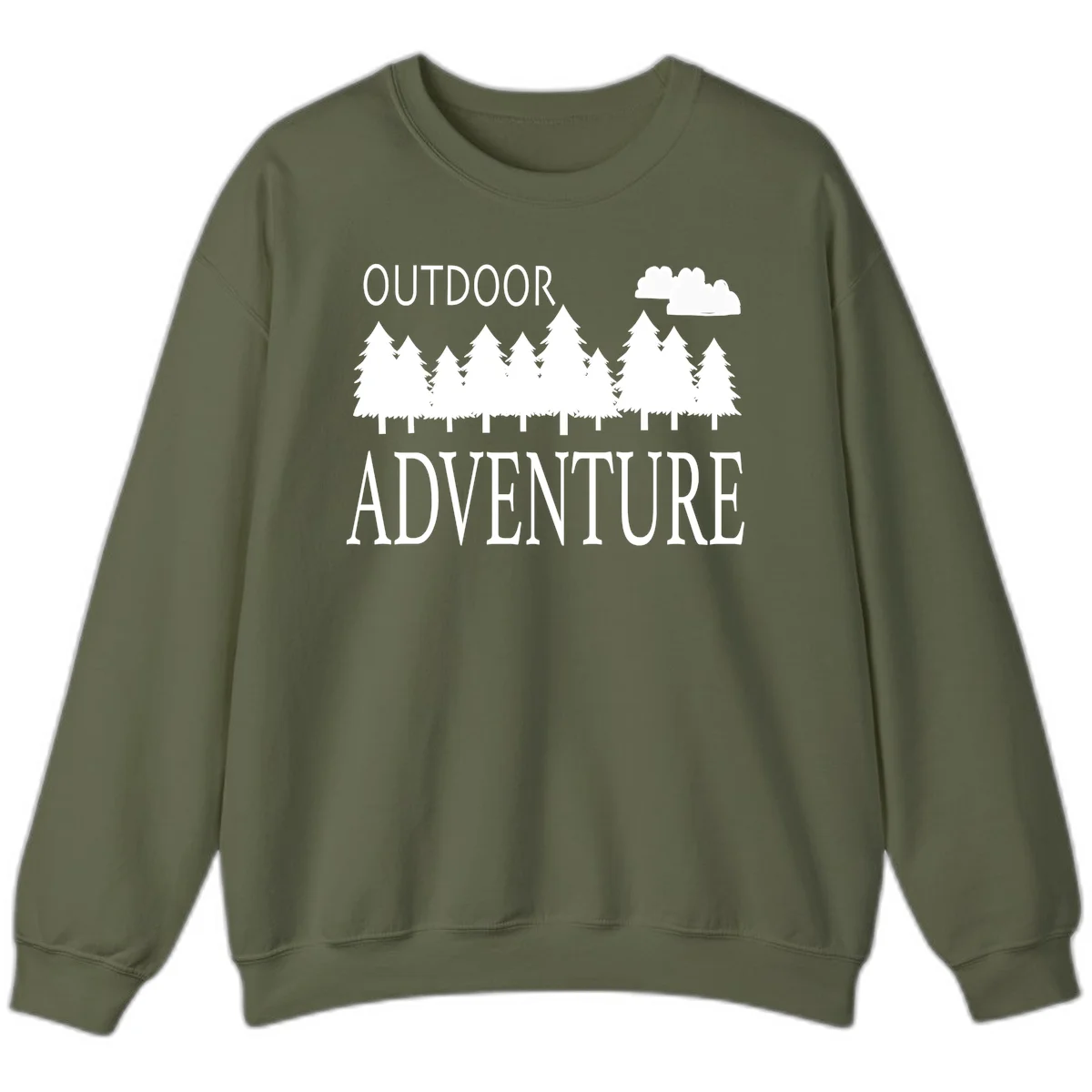 White silhouette of evergreen forest with cloud and bold text reading 'Outdoor Adventure' on gray background in Military Green
