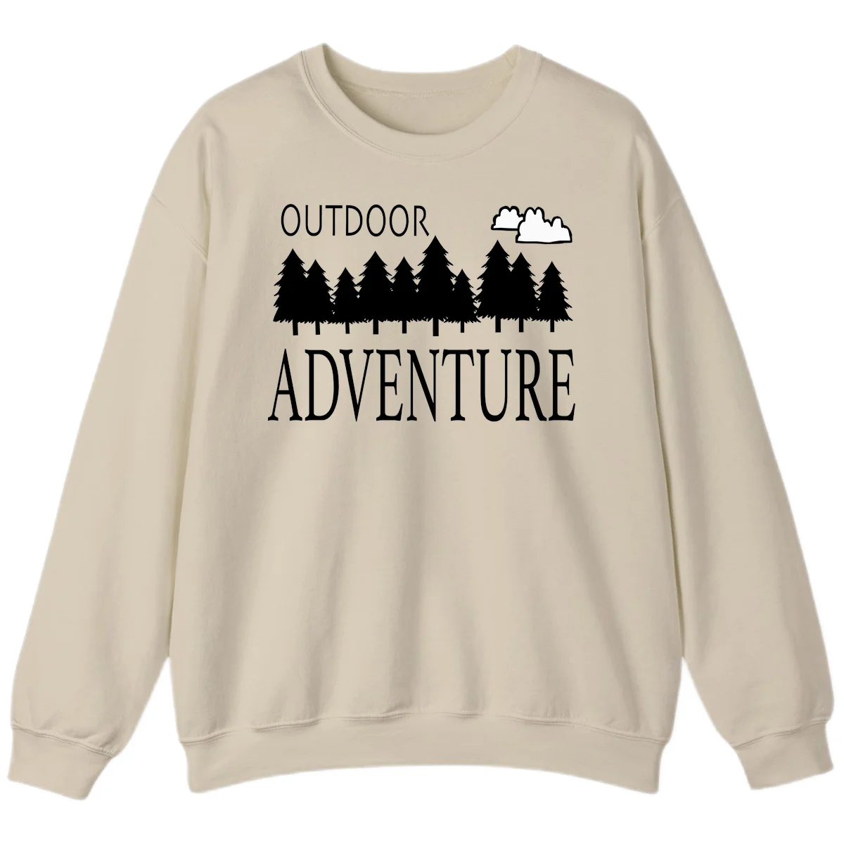 White silhouette of evergreen forest with cloud and bold text reading 'Outdoor Adventure' on gray background in Sand