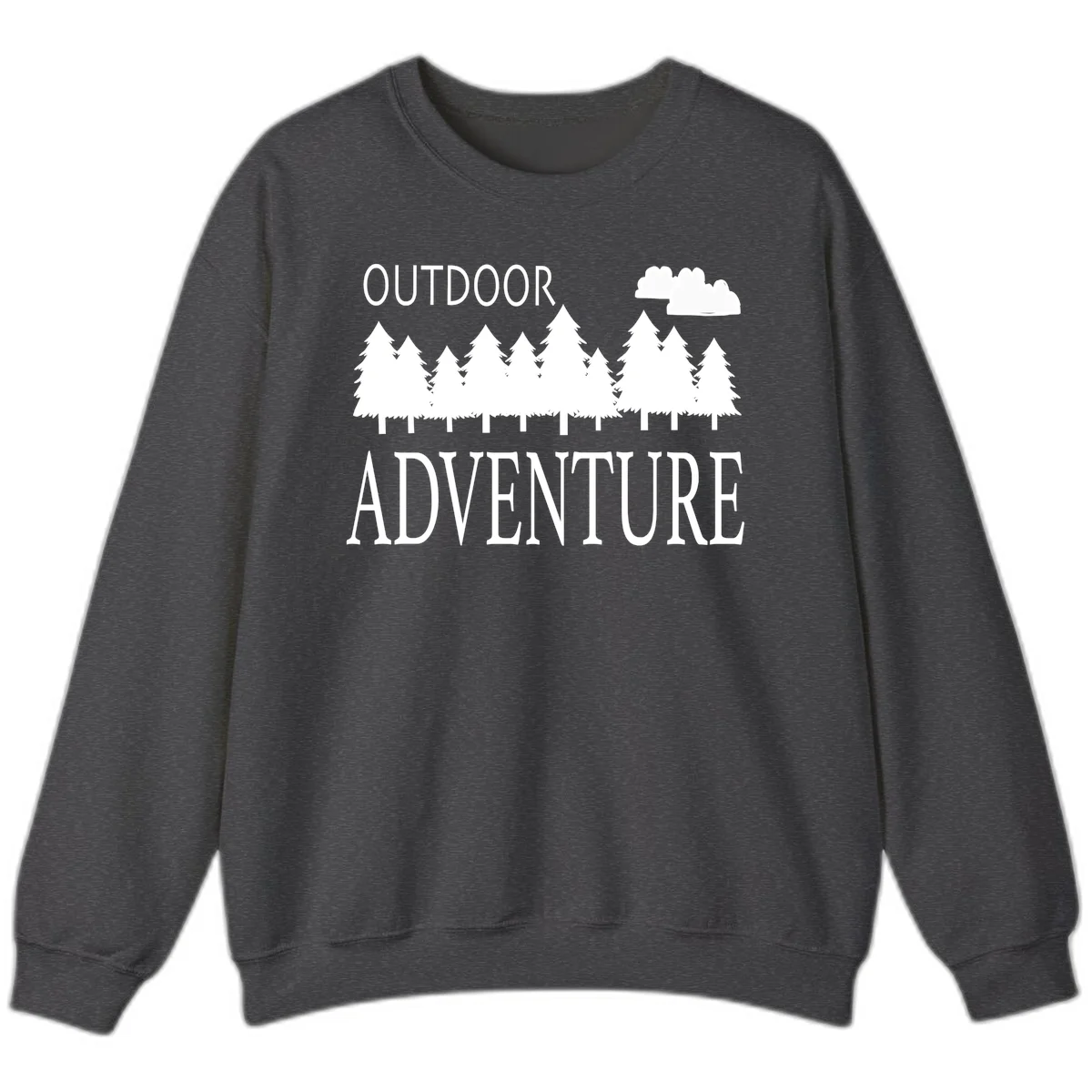 White silhouette of evergreen forest with cloud and bold text reading 'Outdoor Adventure' on gray background in Dark Heather