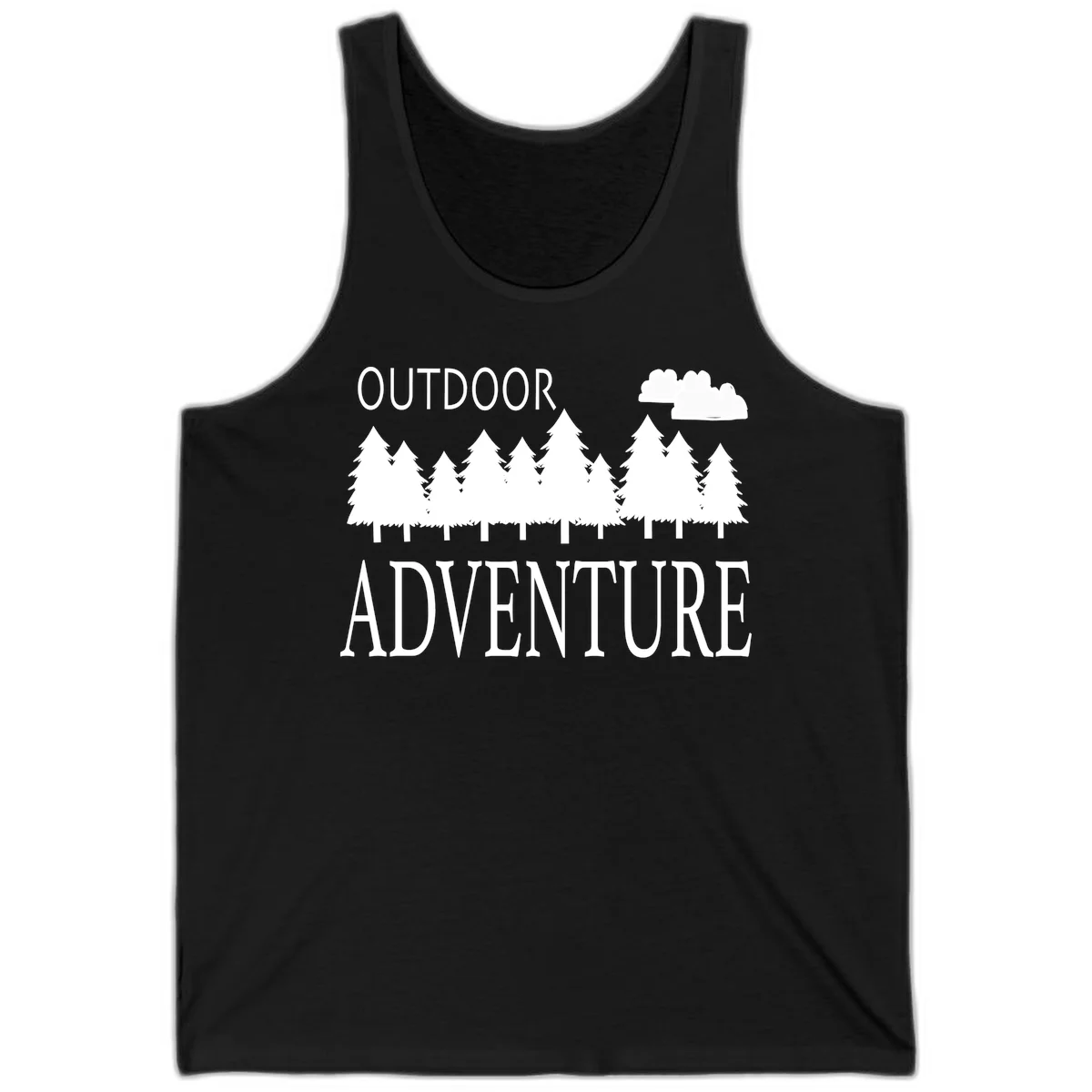 White silhouette of evergreen forest with cloud and bold text reading 'Outdoor Adventure' on gray background in Black