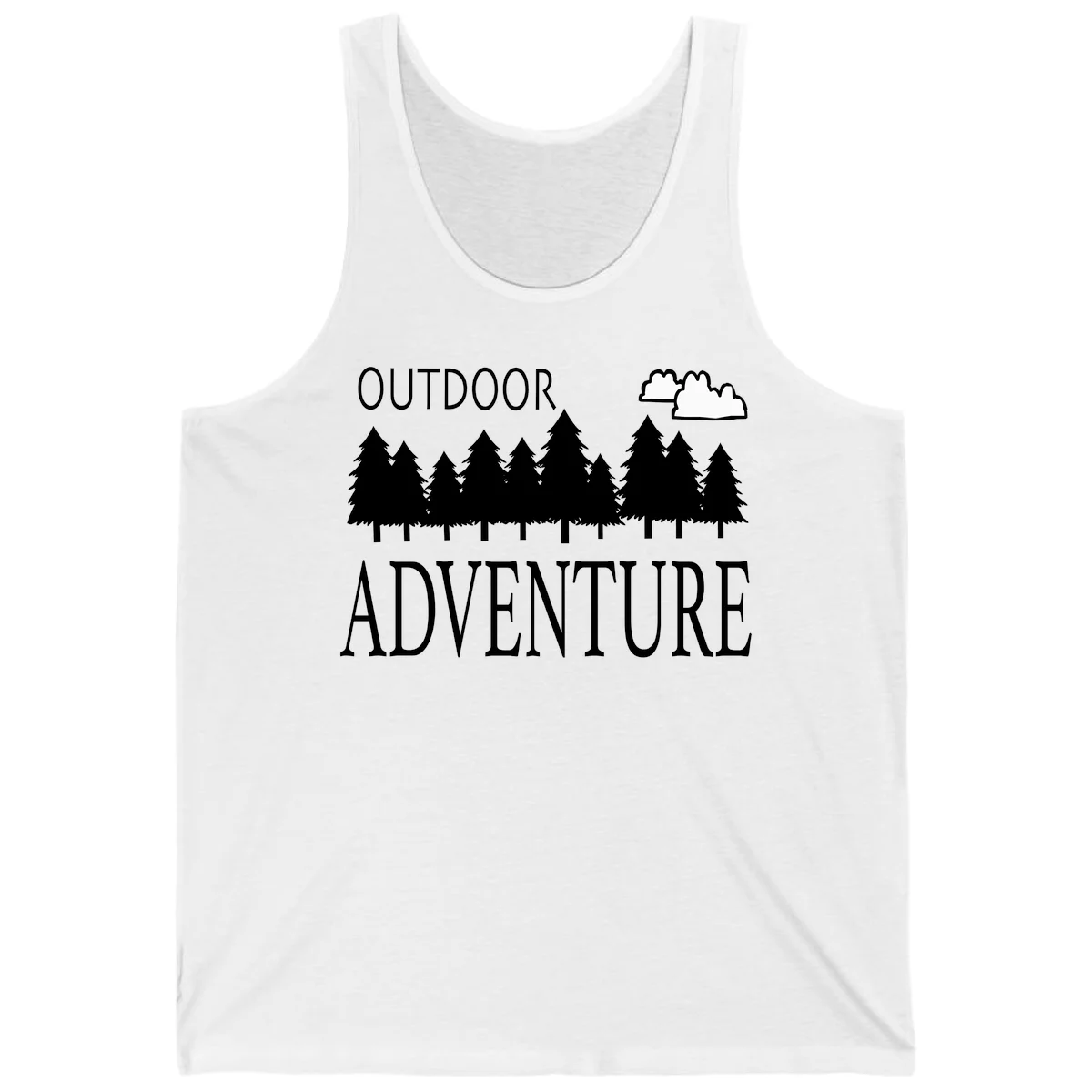 White silhouette of evergreen forest with cloud and bold text reading 'Outdoor Adventure' on gray background in White