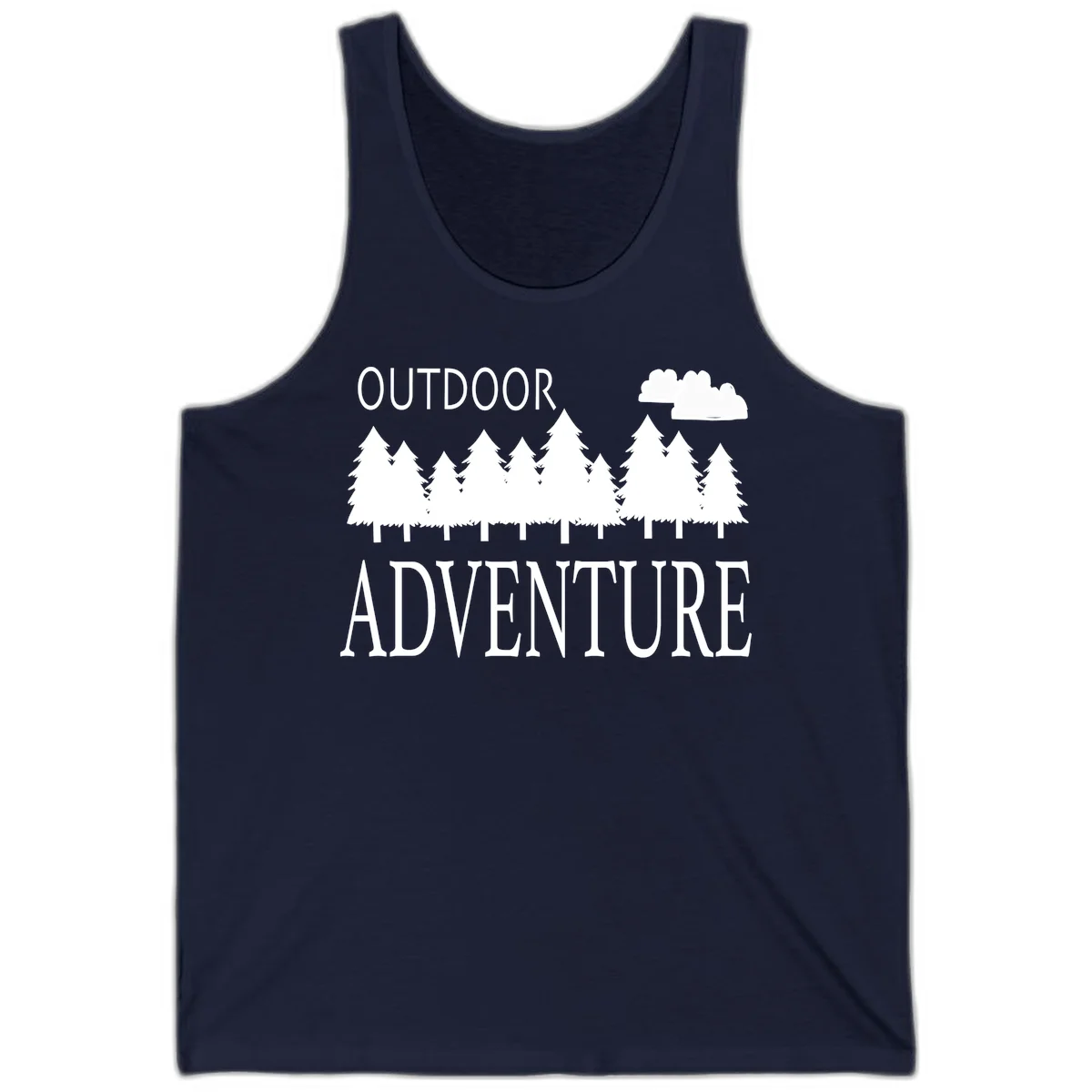 White silhouette of evergreen forest with cloud and bold text reading 'Outdoor Adventure' on gray background in Navy