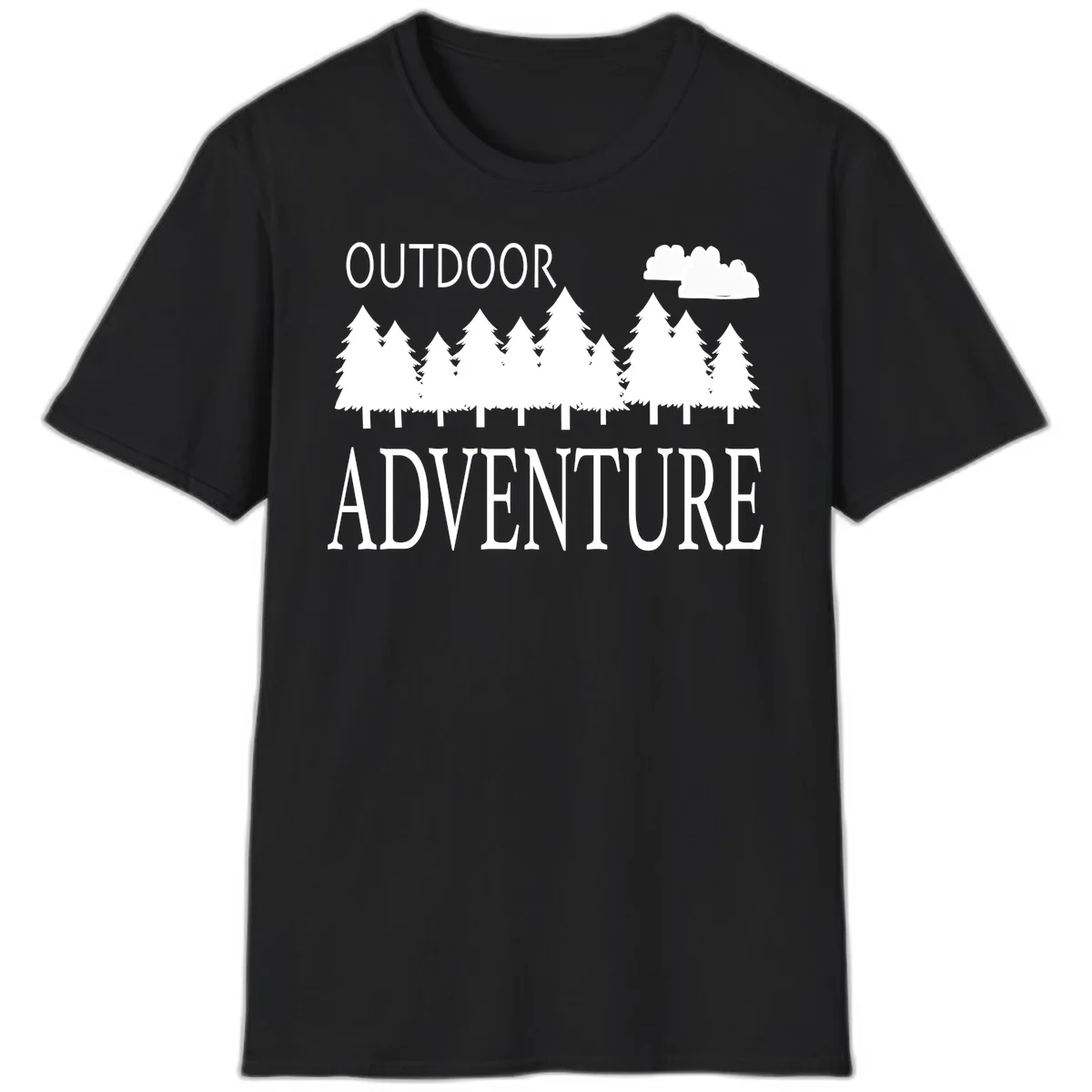 White silhouette of evergreen forest with cloud and bold text reading 'Outdoor Adventure' on gray background in Black