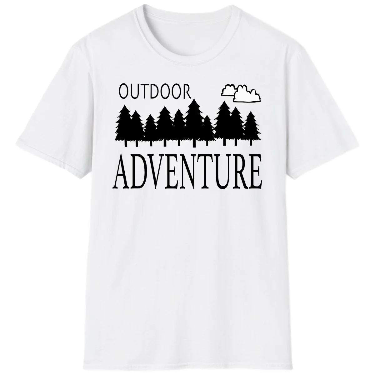 White silhouette of evergreen forest with cloud and bold text reading 'Outdoor Adventure' on gray background in White