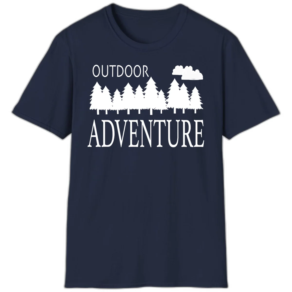 White silhouette of evergreen forest with cloud and bold text reading 'Outdoor Adventure' on gray background in Navy