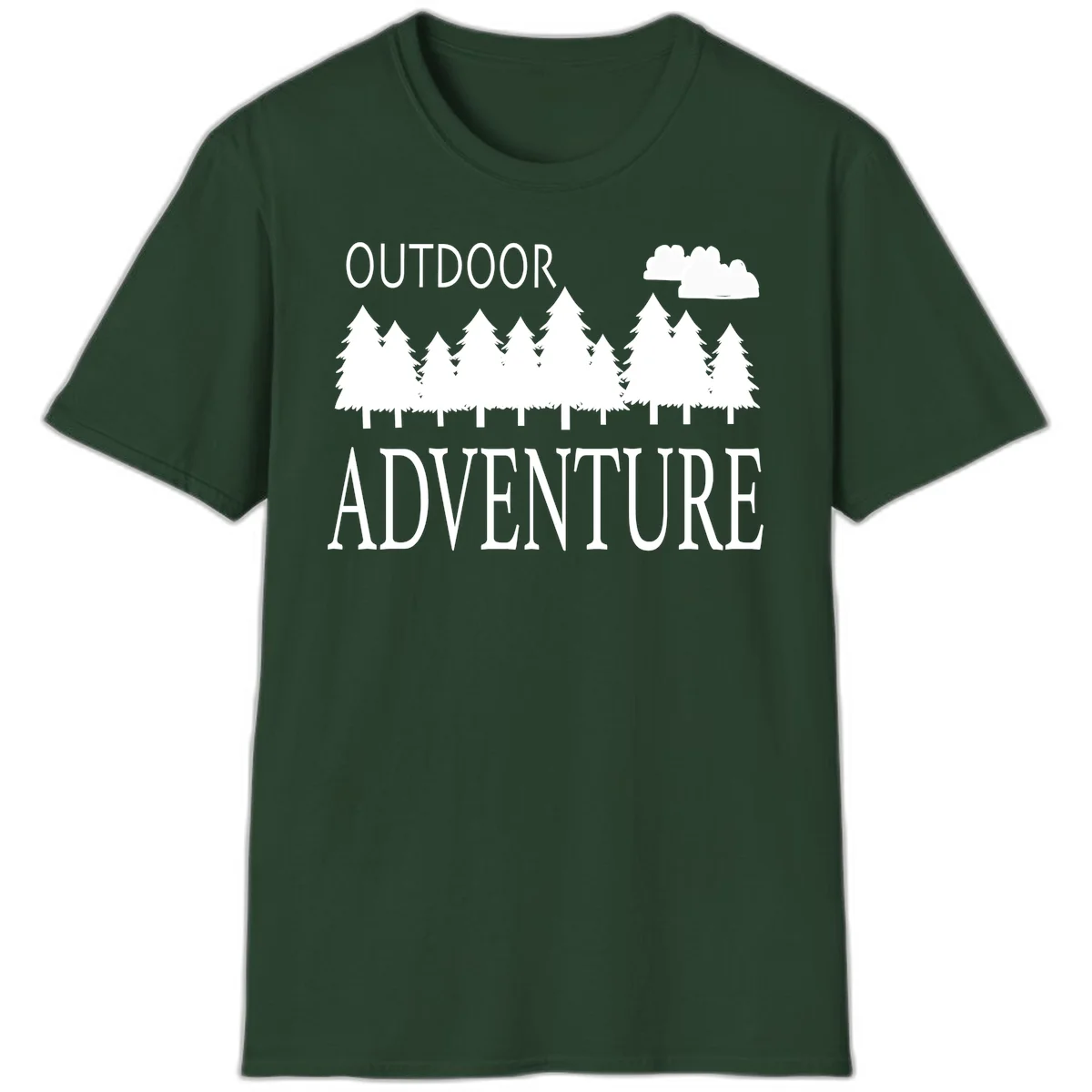 White silhouette of evergreen forest with cloud and bold text reading 'Outdoor Adventure' on gray background in Forest Green