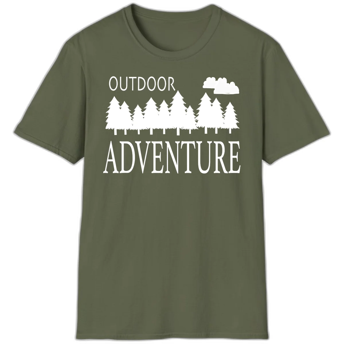 White silhouette of evergreen forest with cloud and bold text reading 'Outdoor Adventure' on gray background in Military Green
