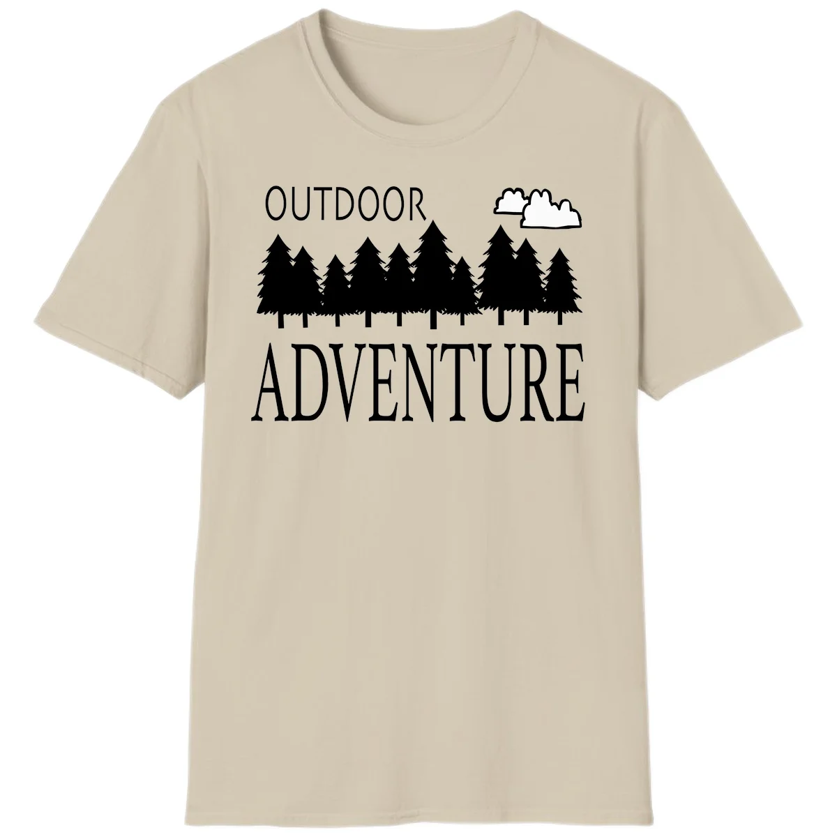 White silhouette of evergreen forest with cloud and bold text reading 'Outdoor Adventure' on gray background in Sand