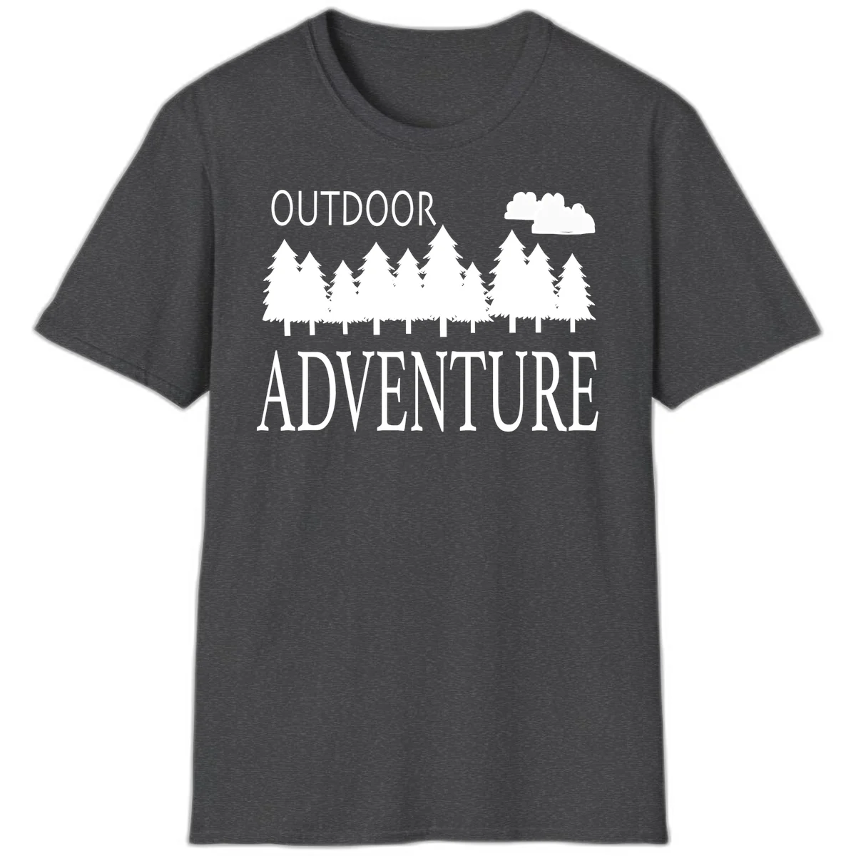White silhouette of evergreen forest with cloud and bold text reading 'Outdoor Adventure' on gray background in Dark Heather